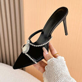 New Arrival Estilo De Tacones New Luxury Rhinestone Pearl Detail Pointed Toe Mules Ladies Satin Stiletto Heel