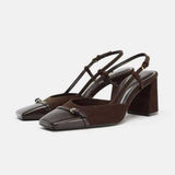 Ladies Faux Suede Hair Leopard Print Square Toe Chunky Heel Slingback Sandals Adjustable T-Strap for Evening Casual Work Events