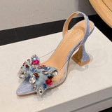 Rhinestone Bow Escarpins Femme Talon Haut Sexy Slingback 2024 Ladies Heels for Party