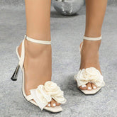 Ladies' High-Heeled Sandals Electroplated Square-Toe with 3D Flower Embellishments Ankle Strap Summer Causal Shoes for Women