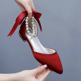 Large Size 43 Flat Satin Wedding Flats Fashion White Pearl Lace Bridesmaid Shoe Lightweight White Shoes