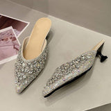 Silver Rhinestone Diamond Elegant Tacones De Mujer Sexy Mules Low Women Kitten Heels for Ladies