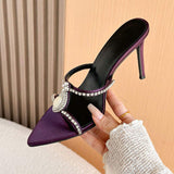 New Arrival Estilo De Tacones New Luxury Rhinestone Pearl Detail Pointed Toe Mules Ladies Satin Stiletto Heel