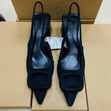 Women's Pointed-toe Block-heel Slip-on High Heels Sandals with Rhinestone Square Buckle and Ankle Strap Mules