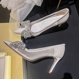 Wedding Party 2025 Fashion Female Pointed Toe Satin Bling Rhinestones Pumps Stiletto Heels