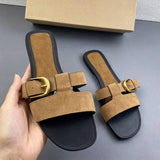 Premium Faux Suede Women Flat Sandals Vintage Gold Buckle Slide Slippers Elegant Casual Outdoor Summer Beach Shoes