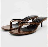 French-Style Square-Toe Women Heeled Sandals Black Thong Open-Toe Backless Fashion Summer Sandals
