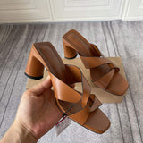 New Style Casual Women's Brown Block Heel Sandals - Minimalist Square Toe, Open-Toe, Outdoor-Wearable High-Heel Slides