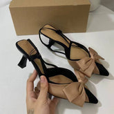 French Style Heel Sandals for Women - Pointed Toe Bow Decoration Color Block Cutout Heel with Back Strap