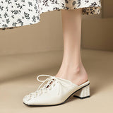 Square Toe Woven Mule Heels for Women 4.5Cm Mid Heel Genuine Leather Upper Pigskin Lining Comfortable Breathable Casual Slides