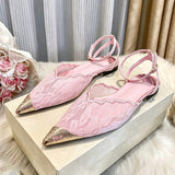 Elegant Floral Lace Women Flats Heeled Pointed Toe Gold Tip Ankle Strap Shoes for Wedding Party Comfortable Mesh Summer Footwear