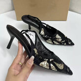 Women Quality Casual Shoes Ladies' Heeled Sandals Black and Gold Sequin Beaded Peep-Toe Back-Strap Pumps