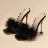Feather Fur New Fashion Summer Spring Cute Mules Lady Sandals Slippers Elegant 2025 Heels for Women