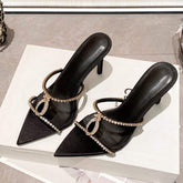 Latest Fashion Estilo De Tacones Women Black Satin Pointed Toe Mules Rhinestone Crystal Slide Sandals Stiletto Heel