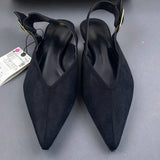 Women Black Faux Suede Flat Mules Pointed Toe V Neck Vamp Adjustable Back Slingback Strap Minimalist Casual Slip on Shoes