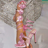 Women's Pink Rhinestone Floral High Heel Sandals Spiral Ankle Wrap Straps Open Toe Crystal Embellished for Wedding Prom Party