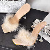 Sandalias De Peluche Pink Feather High Heel Mule Slip on Clear Stiletto Sandales Femme Slippers
