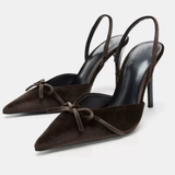 Elegant Velvet Bow Lady Sexy Heeled Sandals Women's Pointed Toe Back Strap Quality Formal High Heel Sandals