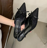 Fashion Lace Pointed Toe Mules for Women Comfortable Kitten Heels with Bowknot Elegant Office Dress Shoes Slides Slippers