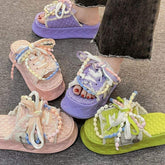 Pearl Sandalias Con Plataforma Candy Bow Lace Slides Fashion Outdoor Casual Shoes Pink Sandals