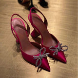 Women's Rose Gold Satin Pointed Toe Slingback Heels Crystal Bow Accent Geometric Block Heel for Party Evening Shoes