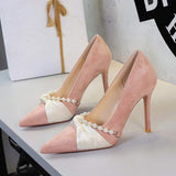New Elegant Pink Faux Suede High Heels Pearl Strap Silk Bow Accent Pointed Toe Stiletto Pumps Wedding Bridal Party Shoes