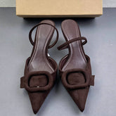 Brown Retro Faux Suede Women Backless Slingback Mule Heels Sandals Pointed Toe Slim High Heel Fashion Sandals
