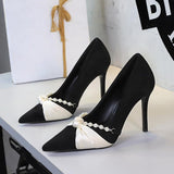 New Elegant Pink Faux Suede High Heels Pearl Strap Silk Bow Accent Pointed Toe Stiletto Pumps Wedding Bridal Party Shoes