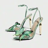 3D Butterfly Embellished Electroplated Green Color Elegant Quality Casual Women's Stiletto Heel Sandals