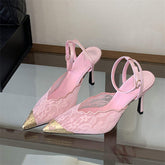 Sandale a Talons Femme Women's Lace Pointed Toe Stiletto Heels Metallic Gold Tip Ankle Strap Pumps for Party & Wedding