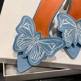 Summer&Spring Outdoor Slippers Trending Metal High Stiletto Butterfly Blue Denim Heels for Woman