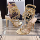 Sexy Gold Talons Aiguilles Square Toe Pearl Decorated Butterfly Ankle Wrap Heels for Women