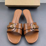 Classic Tan PU Leather Mules Low Kitten Heel Sandals Vintage Brown Slide Shoes Metal Buckle Elegant Ladies Dress Pumps