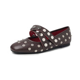 Genuine Sheepskin Leather Mary Jane Flats for Women Studded Round Toe Cross Strap Walking Shoes Punk Style Lady Flat