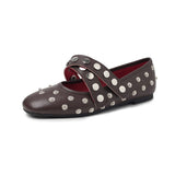 Genuine Sheepskin Leather Mary Jane Flats for Women Studded Round Toe Cross Strap Walking Shoes Punk Style Lady Flat