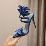 Denim Blue Snake Female Party Shoes Sandal Ankle Wrap Around Heels for Women