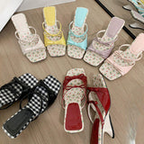 Wedge Sandals Women's Cute Floral Print Slipper Casual Bow Square Toe Slip-On Heels