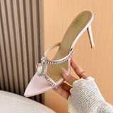New Arrival Estilo De Tacones New Luxury Rhinestone Pearl Detail Pointed Toe Mules Ladies Satin Stiletto Heel