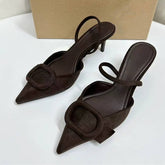 Summer Pointed-Toe Women's Blue Heeled Sandals, Fashion Faux Suede Square-Buckle One-Strap Backless Style