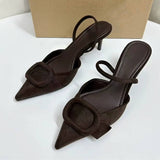 Summer Pointed-Toe Women's Blue Heeled Sandals, Fashion Faux Suede Square-Buckle One-Strap Backless Style