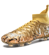 Men's High-top Knitted Soccer Cleats Gold Firm Ground Football Boots Breathable Lightweight Outdoor Athletic Shoes with Studs