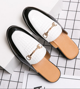 Elegant Men Slip on Flat Mules PU Leather White Embossed Vamp Metal Buckle Decor Closed Toe Slippers for Party Date Daily Use