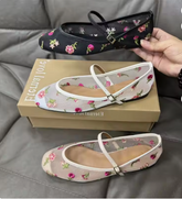 Floral Embroidered Square Toe Buckle Strap Ballerina Shoes Mesh Casual Summer Ballet Flats