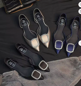 Women's Navy Blue Satin Flats with Crystal Rhinestone Square Buckle Pointed Toe Dress Shoes for Wedding Party