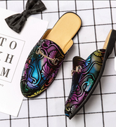 Colorful Printed Synthetic Leather Flat Mules With Metal Buckle Detail Casual Slip on Shoes for Daily Wear Outdoor Outings