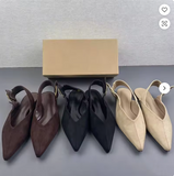 Women Black Faux Suede Flat Mules Pointed Toe V Neck Vamp Adjustable Back Slingback Strap Minimalist Casual Slip on Shoes