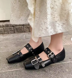 Vintage Women Mary Jane Flats Genuine Cowhide Leather Square Toe Triple Buckle Strap Shoes Comfortable Daily Walking Flat