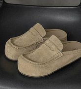 Minimalist Men Suede Leather Platform Mules Penny Loafer Round Toe Chunky Sole Slip on Casual Elegant Backless Loafers Cream