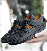 Premium Handcrafted Men's Roman Style Leather Sandals Adjustable Hook & Loop Flat Leather Sandals