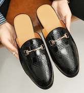 Men Backless Mule Loafers With Woven Pattern PU Leather Upper and Metal Buckle Daily Wear and Business Occasions